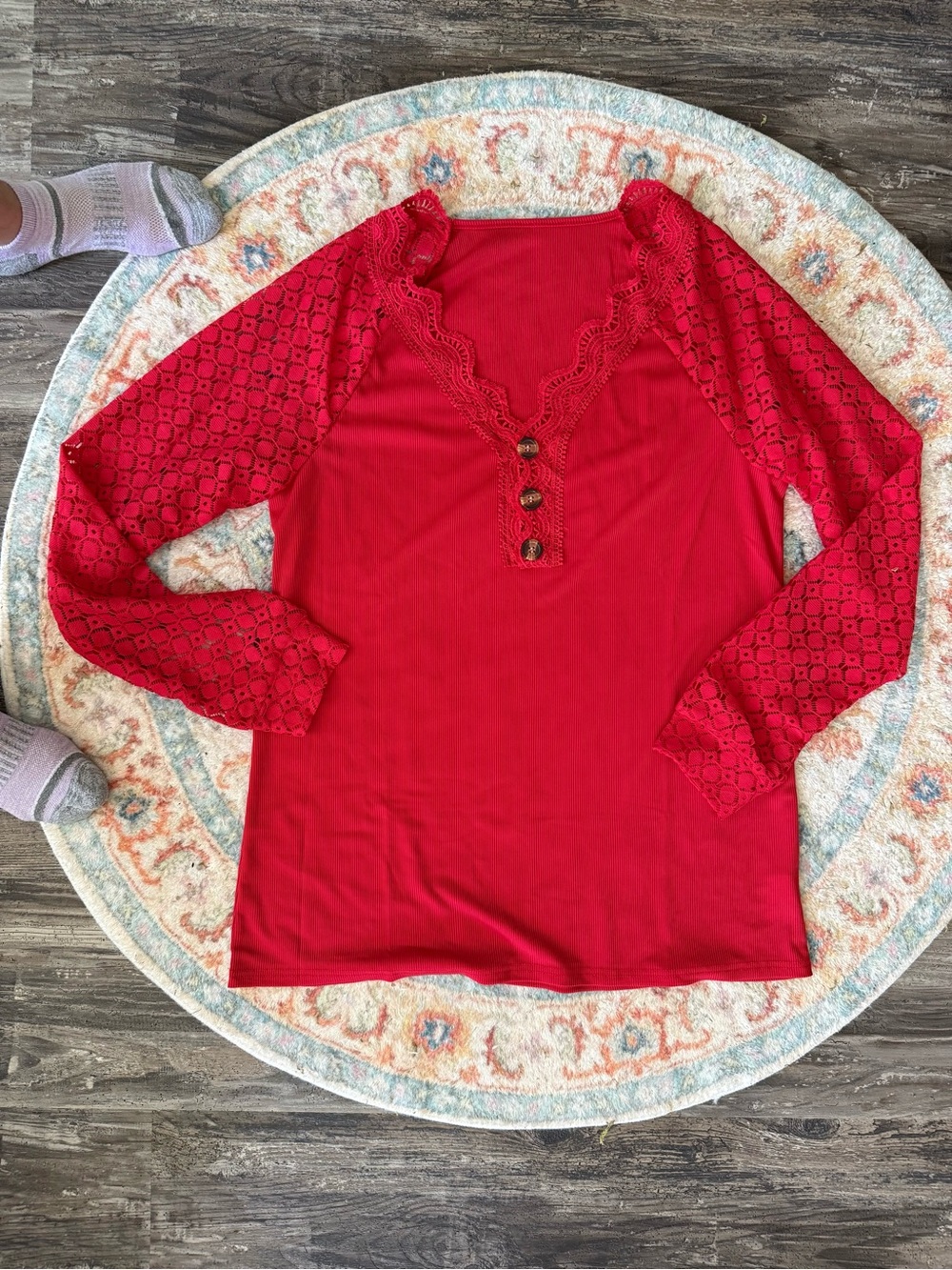 Red Lace-Sleeve Women's Top - Classic Button V-Neck